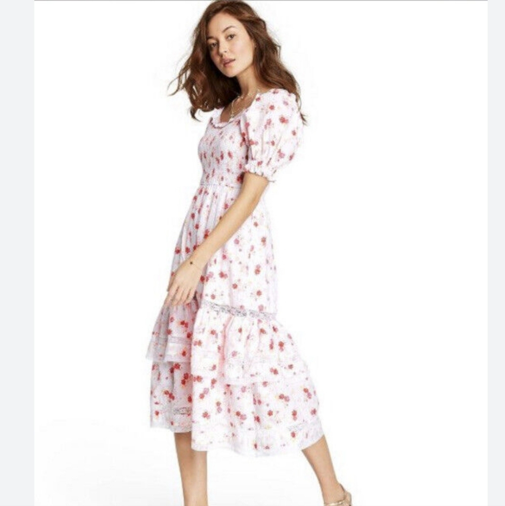 LoveShackFancy Pink Floral Puff Sleeve Dress  Like New